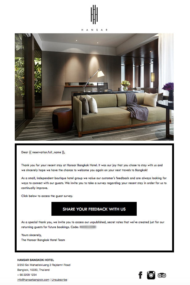 Nội dung email "cảm ơn" của khách sạn The Hansar Bangkok