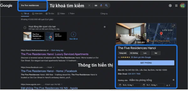 Kết quả hiển thị khi tìm kiếm khi kết nối với Google Hotels.