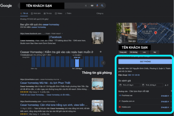 Kết quả tìm kiếm trên Google Hotels