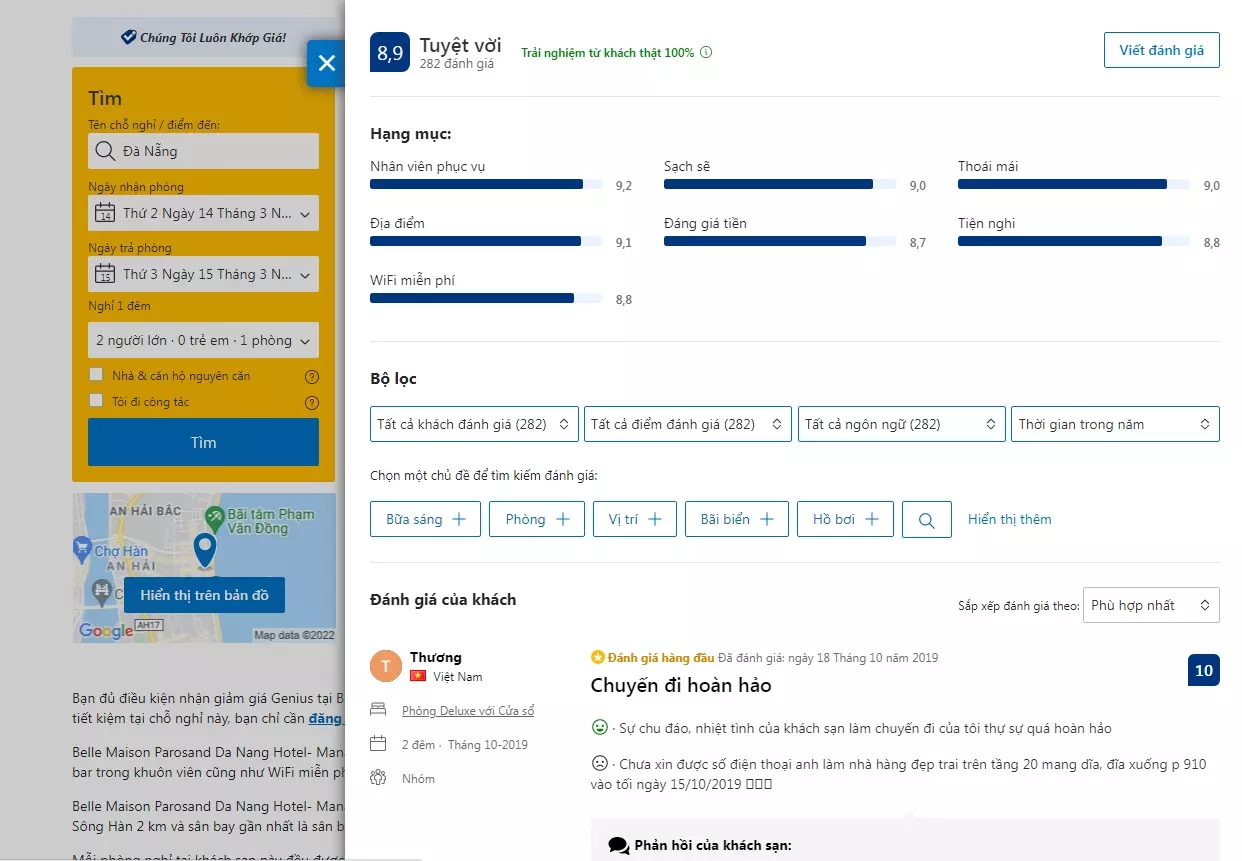 đánh giá trên trang booking