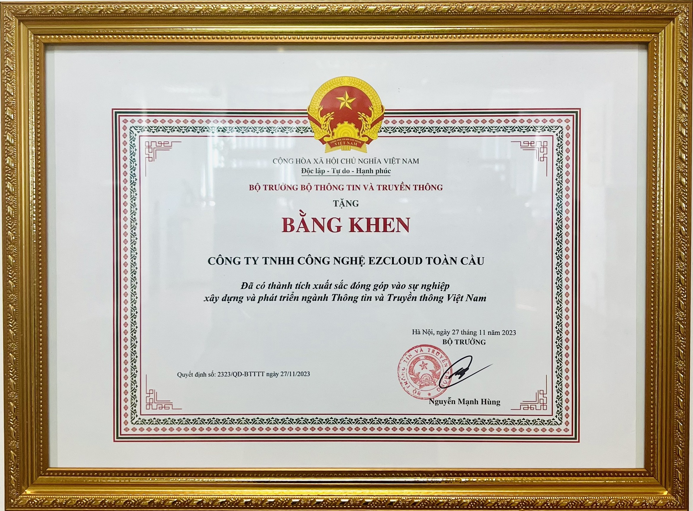 bằng khen bộ trưởng ezCloud