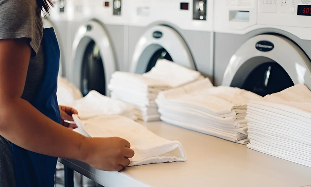 nhân viên laundry xếp khăn đã giặt sạch