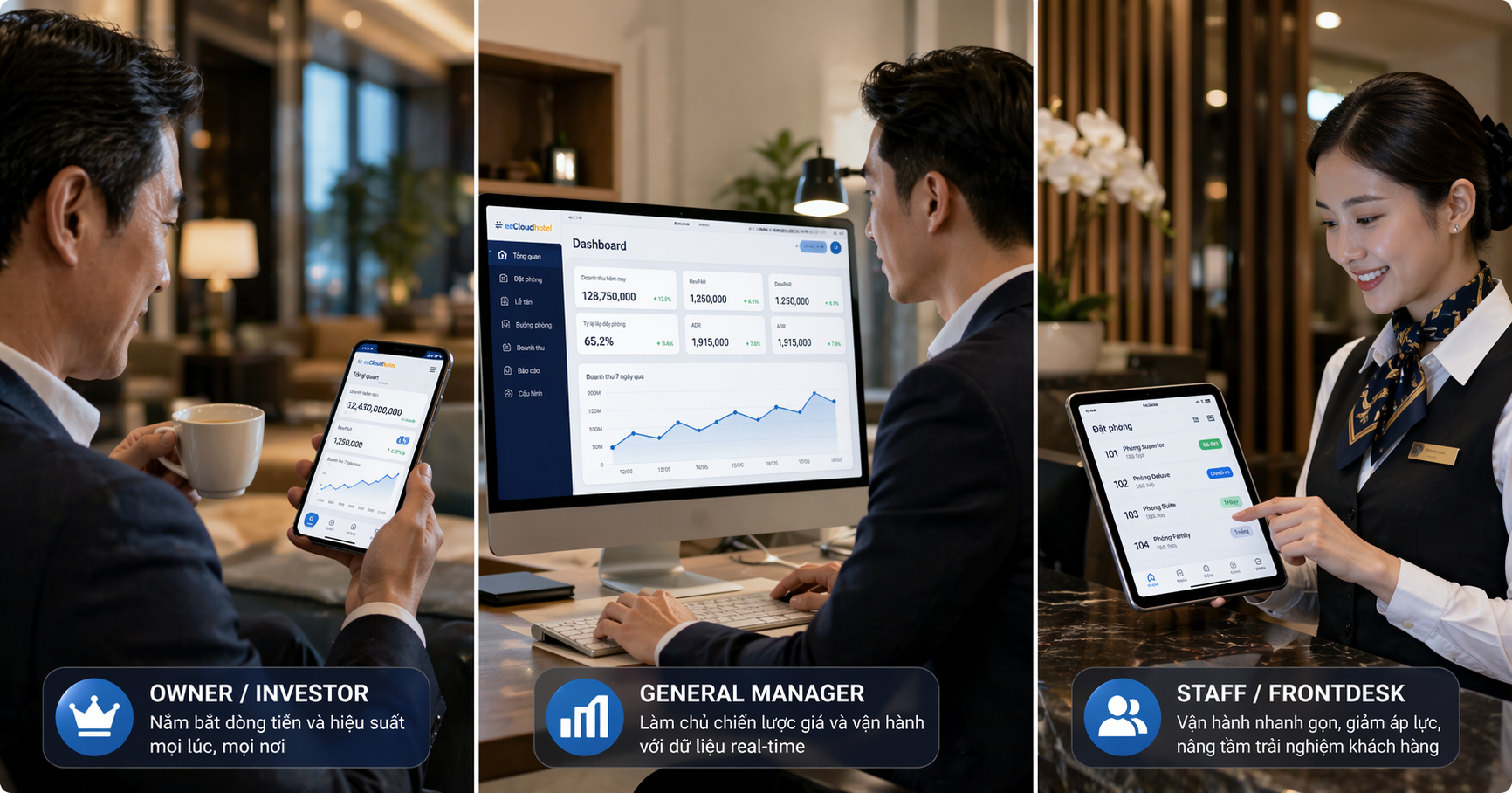 Tạm biệt nỗi ác mộng sao chép dữ liệu OTA bằng tay hay rủi ro đền tiền tươi vì sơ suất để khách đặt trùng phòng. Giải pháp ezCloud trả lại cho bộ phận tiền sảnh (Frontdesk) quỹ thời gian vàng bạc để ân cần tiếp đón khách, chốt sale dịch vụ gia tăng và nâng cao định vị thương hiệu lưu trú lên chuẩn 5 sao.