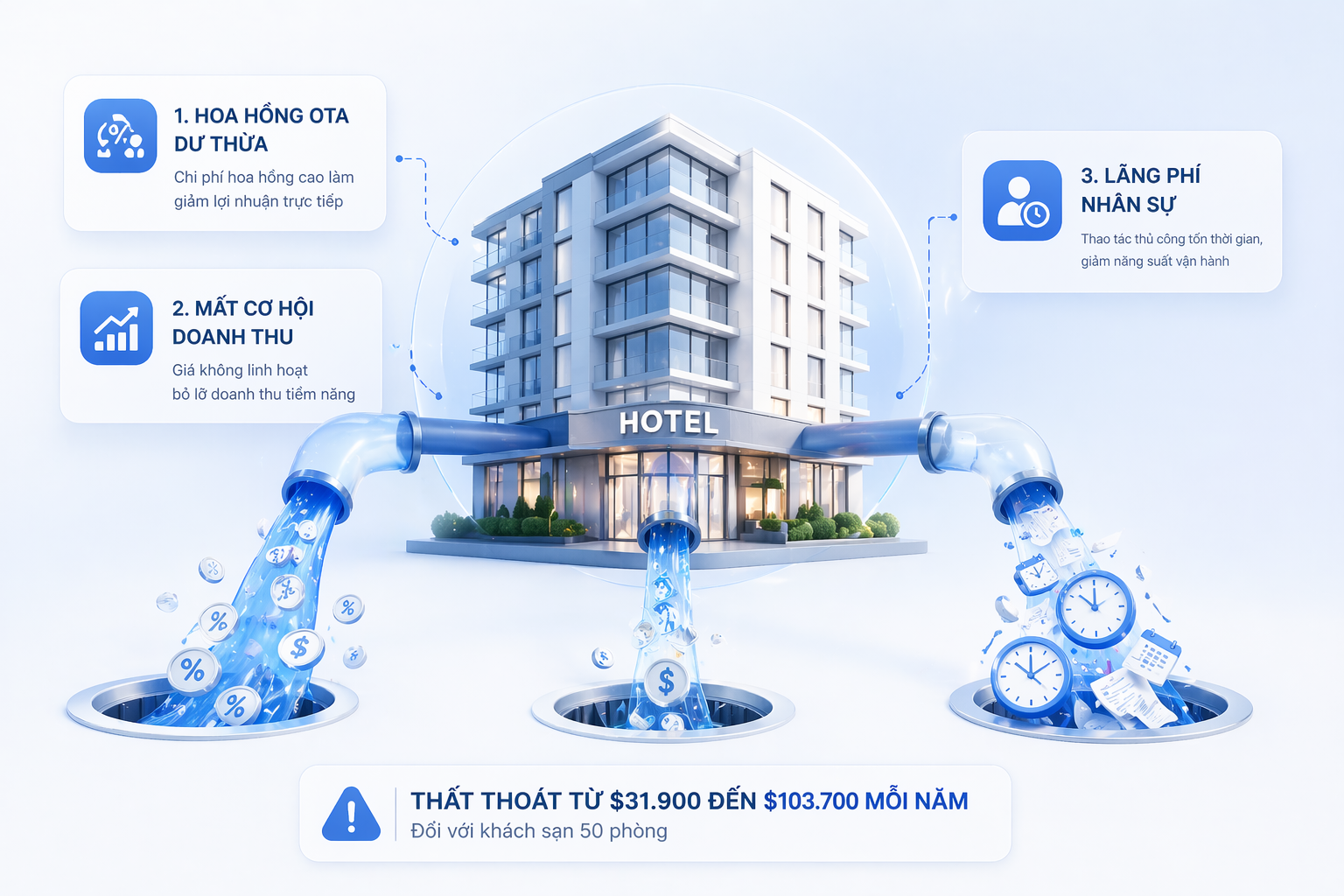 Hệ thống cũ làm rò rỉ lợi nhuận qua 3 hạng mục chi phí ẩn khổng lồ: thất thoát hoa hồng OTA dư thừa (1,9%), mất cơ hội bứt phá doanh thu vì giá cố định (giảm 6,1% RevPAR), và lãng phí quỹ lương nhân sự (3,1 giờ/ngày). Ước tính, một khách sạn 50 phòng có thể "bay hơi" từ $31.900 đến $103.700 mỗi năm do duy trì nền tảng lỗi thời.