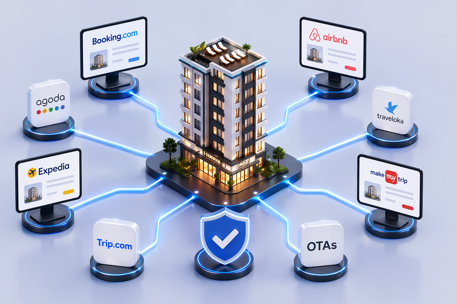 Cổng kết nối ezCms mở lối đưa quỹ phòng của bạn tiếp cận hơn 100 kênh OTA hàng đầu (Booking.com, Agoda, Traveloka). Đặc biệt, hệ thống xử lý kho phòng theo cấu trúc tập trung (centralized inventory). Bất cứ lúc nào có khách đặt 1 phòng, toàn bộ 100 kênh web sẽ tự động trừ đi 1 phòng trong vòng chưa tới 2 phút.